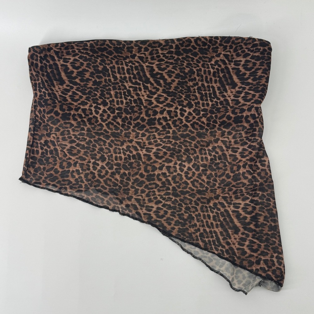 Edikted Leopard Print Mesh Tube Top Asymmetrical Handkerchief Hem Brown Large
